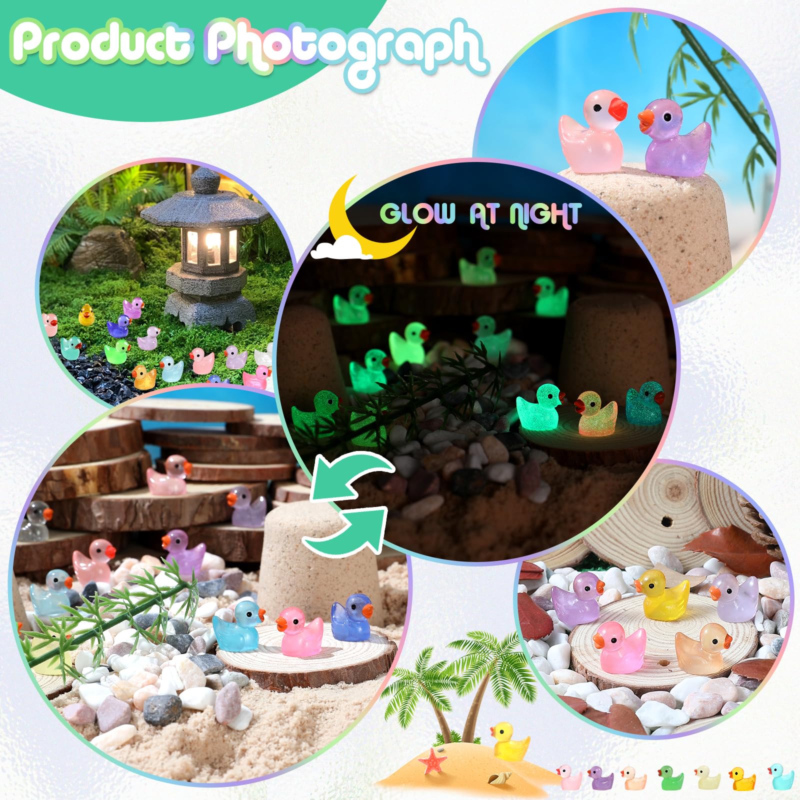 225 Pcs Luminous Mini Resin Ducks Bulk 15 Colors Tiny Duck Glow in The Dark for Garden Micro Landscape Dollhouse Aquarium Potted Ornament Charms Birthday Party DIY Toys Craft Accessories