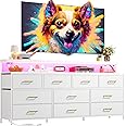 EnHomee 55" W White Dresser for Bedroom with 10 Drawers Long Dressers & Chests of Drawers with LED Lights & Power Outlets Large Dresser for Bedroom for Closet, Hallway, Metal Frame, White