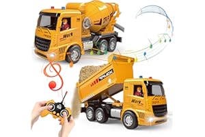 LAUSOMILE RC Construction-Vehicle Toy Set,Remote-Control-Dump-Truck & Friction-Powered Cement-Mixer Truck with Realistic Lights and Sounds for Imaginative Play,Birthday Gifts for Toddlers Boys Girls Ages 3-12+