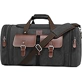 Densata Canvas Duffle Bag for Men 50L Travel Duffel Bags Expandable Genuine Leather Overnight Weekender Carry On Bag Two Zipper Pockets Travel Bag (Black, Large-50L)
