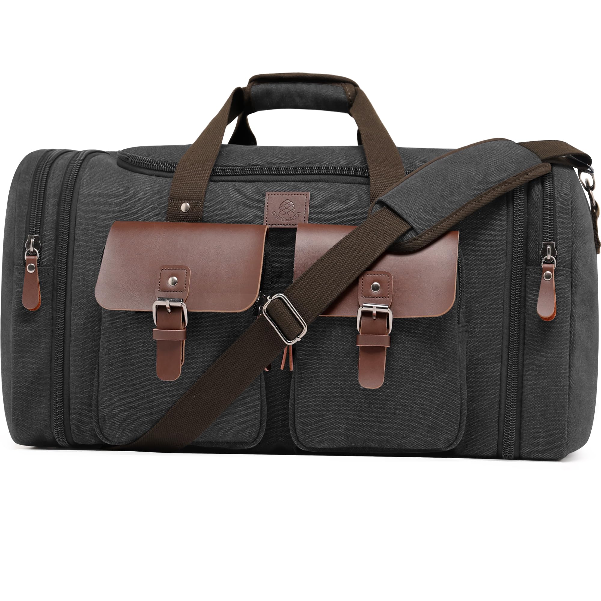 Photo 1 of Densata Canvas Duffle Bag for Men 50L Travel Duffel Bags Expandable Genuine Leather Overnight Weekender Carry On Bag Two Zipper Pockets Travel Bag (Black, Large-50L)