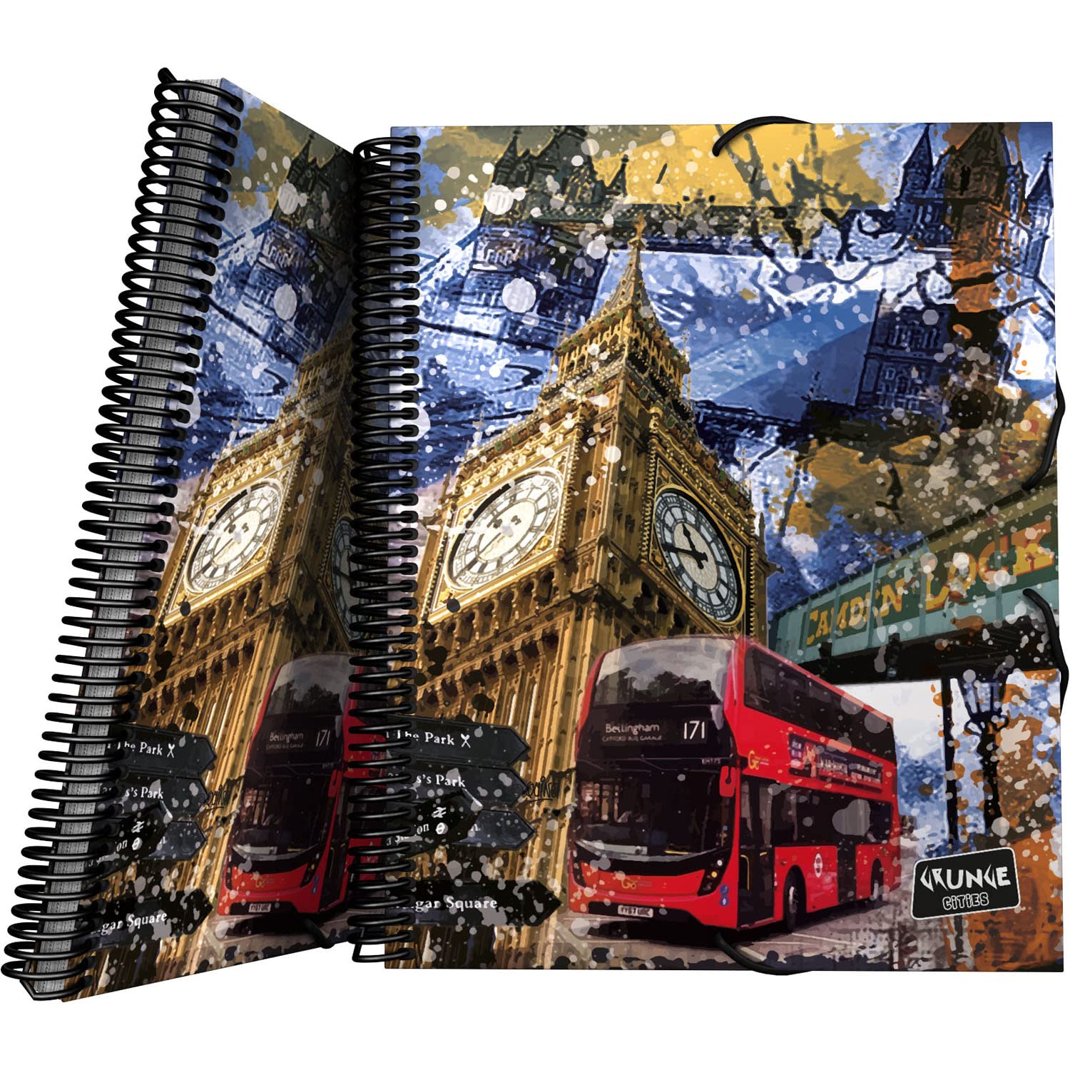 Grafoplás 39822445 Grunge Cities Collection 30 Pockets A4 Spiral Bound Polypropylene Cover Elastic Closure with Clear Envelope