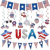 Chilfamy USA Party Decorations, Red Blue White Decorations with American Flag Banner, 12Pcs USA Hanging Swirls Decors, Pennant Bunting Banner, Foil Balloons for Welcome Home Patriotic Party Supplies