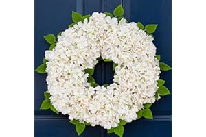 26'' White Hydrangea Spring Wreath for Front Door with Artificial Hydrangea and Silk Greenery, Large Outdoor Wreath for Farmh