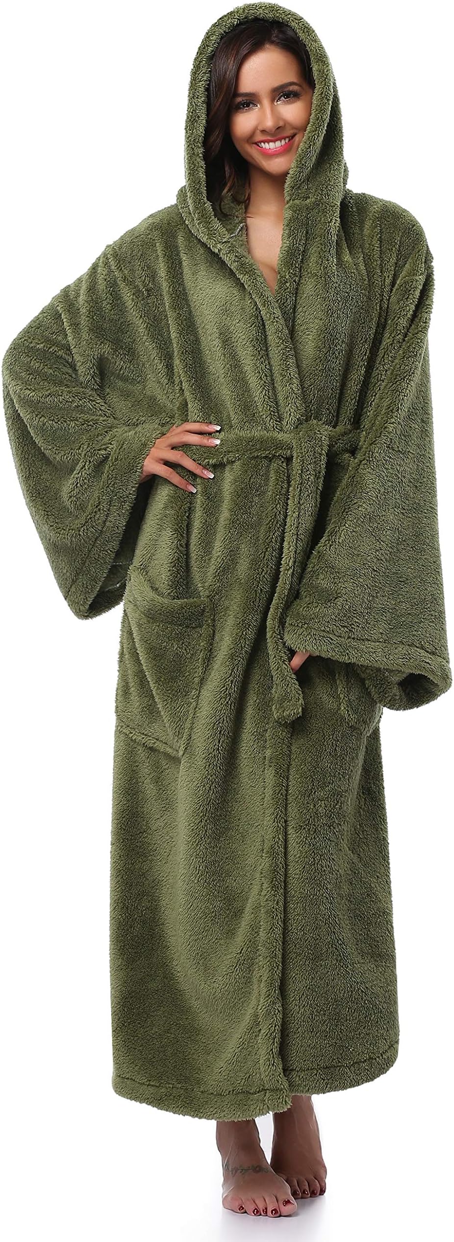 Women's Long Hooded Velvet Bathrobe Ultra-Soft Winter Fleece Plush Nightgown