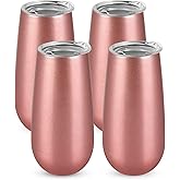 4 Pack Stemless Double Insulated Champagne Flute Tumbler with Lid, 6 Oz Unbreakable Reusable Cocktail Champagne Toasting Glasses, Great Gift for Friends Family Christmas Birthday, Rose Gold