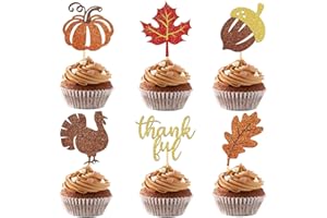 MOITKPTT 24 Pcs Glitter Thanksgiving Day Decoration Cupcake Toppers, Fall Theme Turkey Maple Leaf Pumpkin - Cake Topper for Thanksgiving Party Supplies (Mixed A)