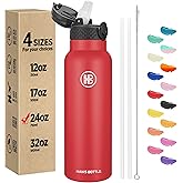 Han's Bottle Sports Water Bottle - 24 Oz, Straw Lid, Leak Proof, Vacuum Insulated Stainless Steel, Double Walled, Thermo Mug,Red