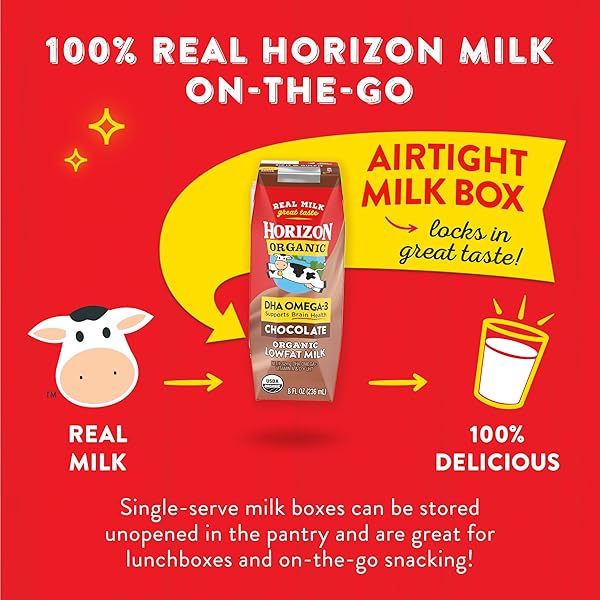 HORIZON ORGANIC SHELF STABLE 1% LOWFAT DHA OMEGA-3 CHOCOLATE MILK BOXES, PACK OF 12 – 8G PROTEIN PER SERVING
