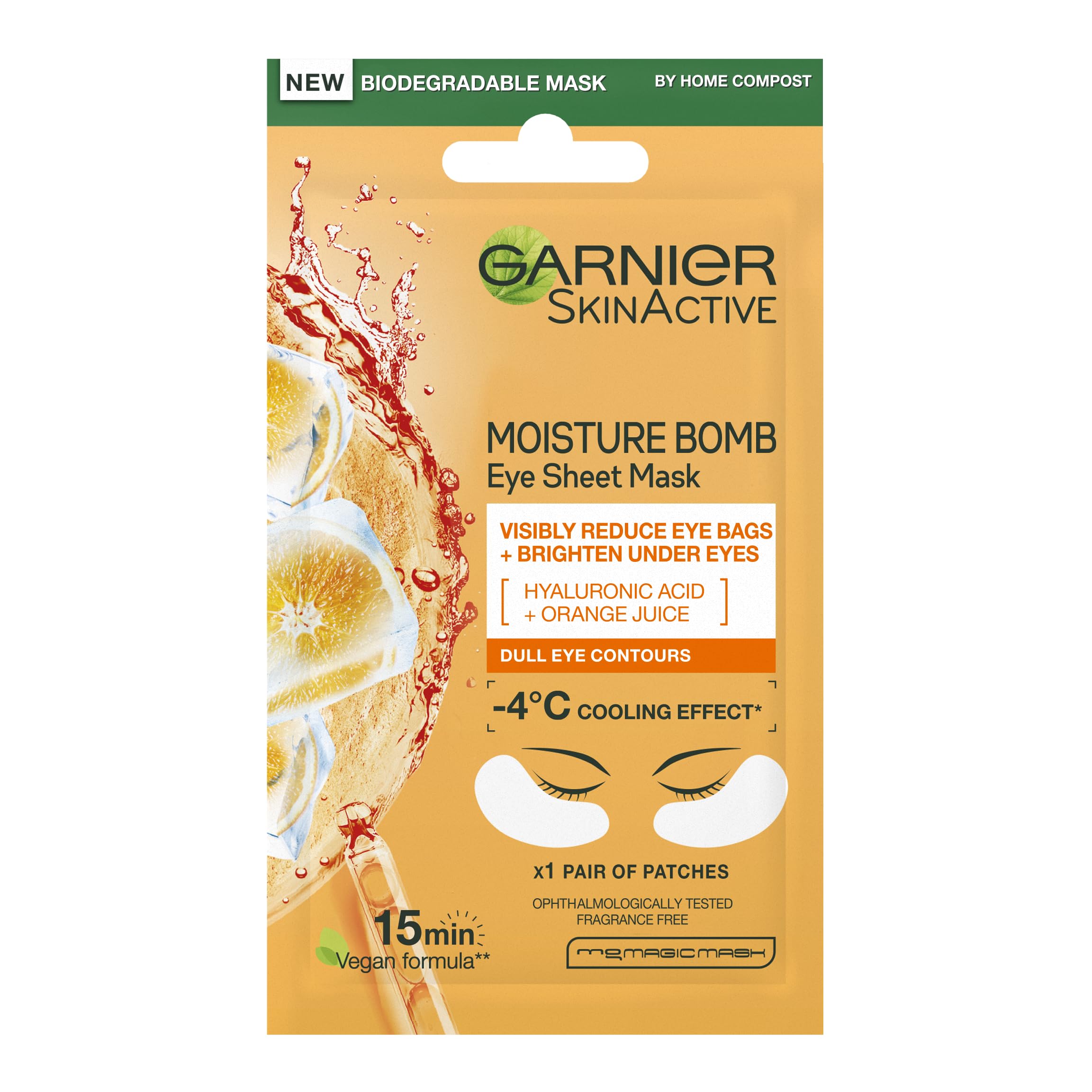 Garnier Moisture Bomb Orange Eye Mask, With Hyaluronic Acid And Orange Juice, Hydrating & Brightening Under Eye Mask, Reduce Appearance of Eye Bags, Vegan Tissue Mask, 6g