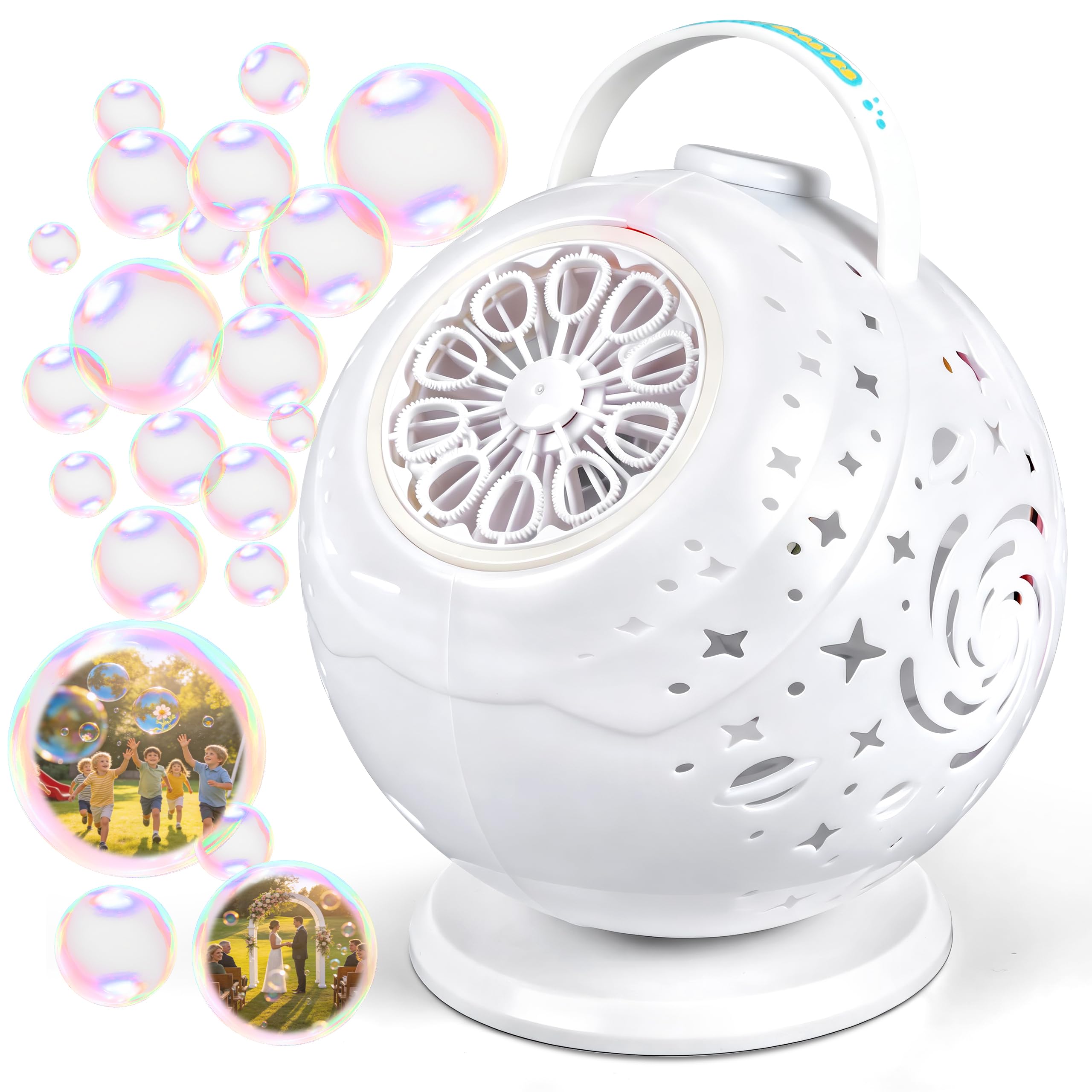 Upgraded Bubble Machine with Remote, 90° & 360° Rotating Bubble Maker, 7 Colors LED Light, Type-C Charge, Automatic Bubble Blower for Kids, Indoor & Outdoor, Birthday and Wedding
