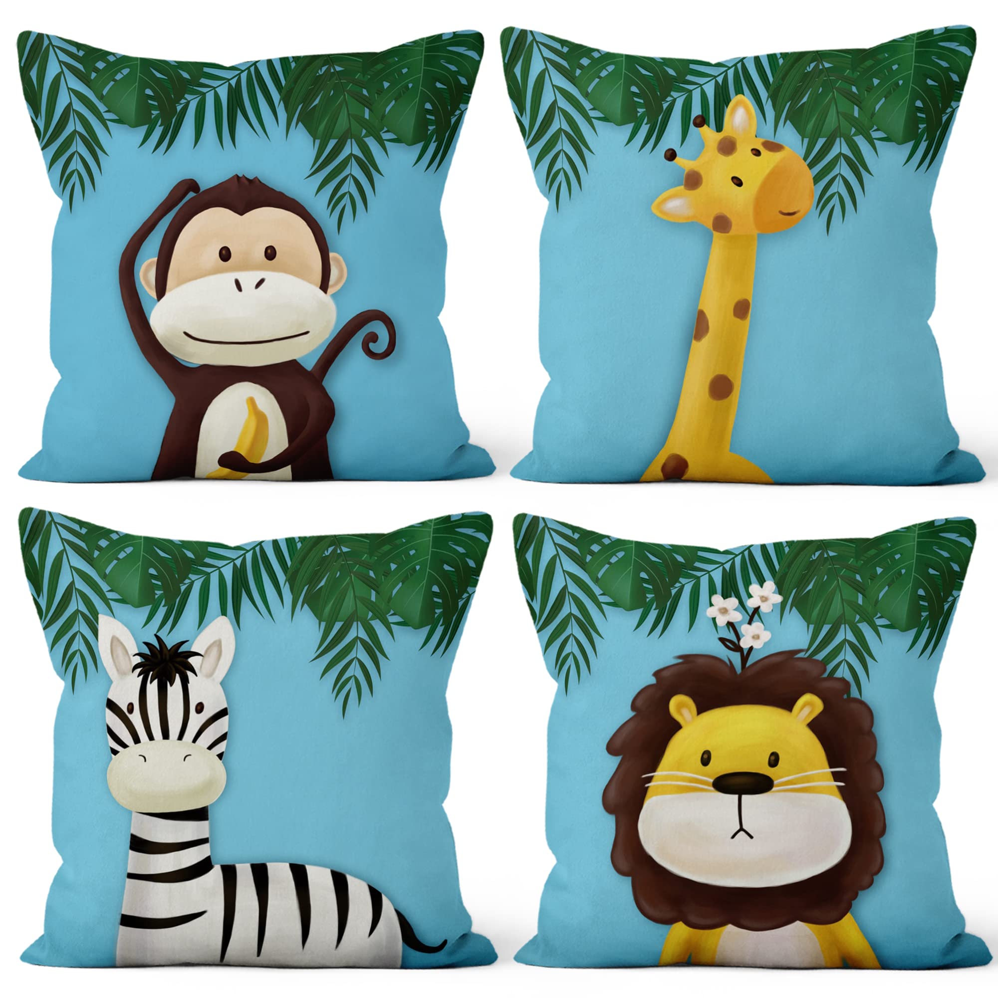 Aoihrraan 20 x 20 Inch Cute Cartoon Animal Cushion Covers Forest Monkey Giraffe Floral Plant Soft Short Plush Square Baby Blue Throw Pillow Covers Children'S Party Kid Sofa Bed Car, 50x50cm Set of 4