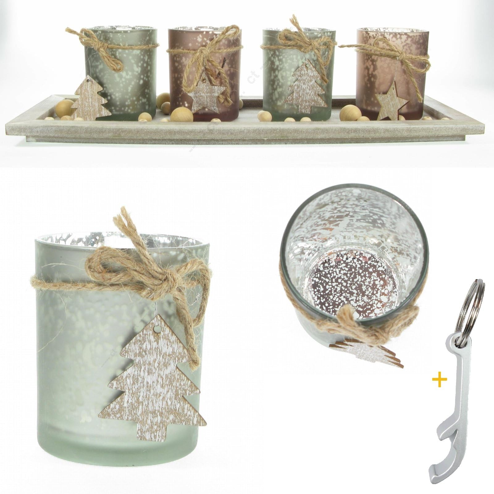 Lantern Tea Light Set with 5 pieces # 5250 Wooden Storm Light in Glass Plate