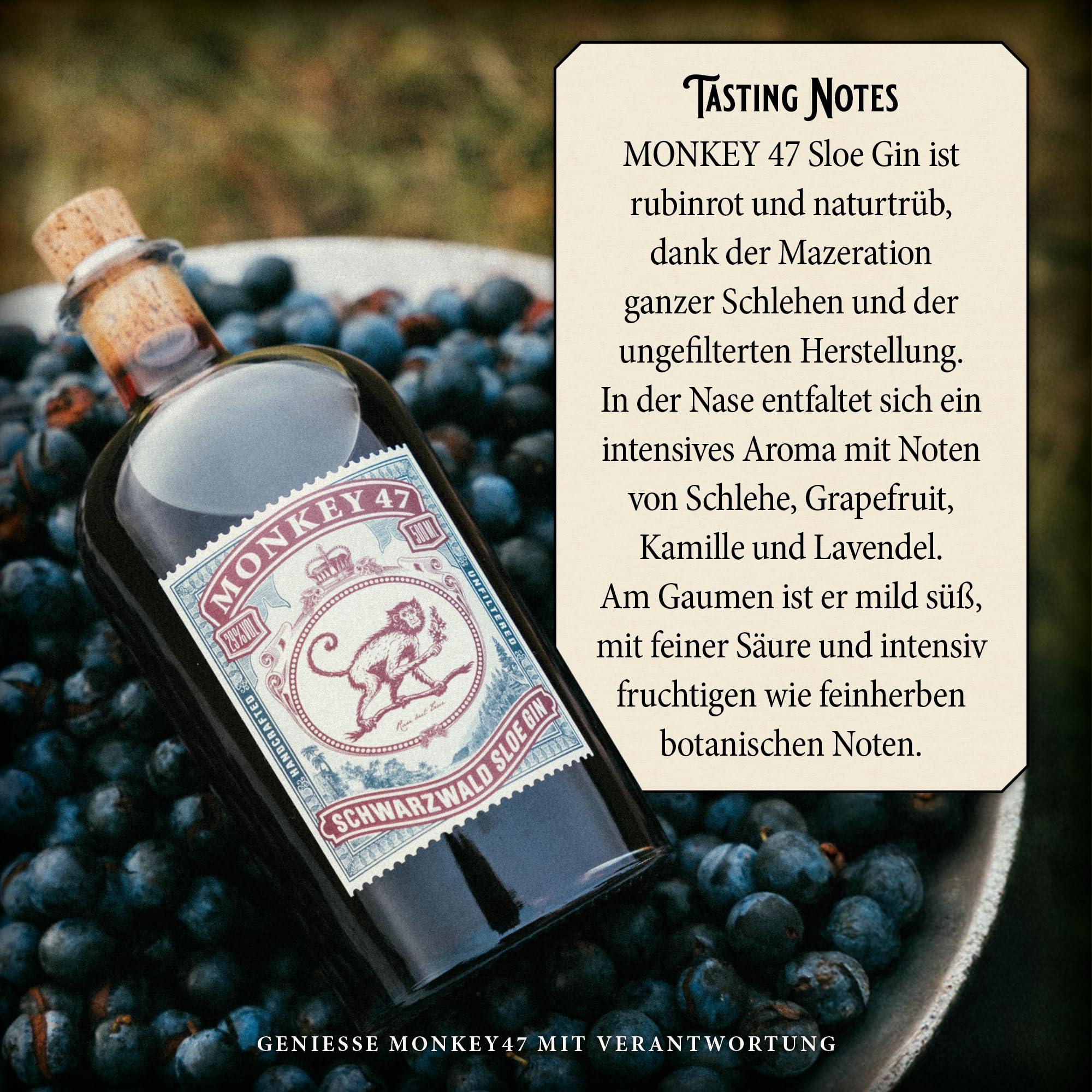 Monkey 47 Schwarzwald Sloe Gin - Ultra Premium Sloe Gin mit feiner Fruchtnote - 1x 0,5 L | 500 ml (1er pack) 4