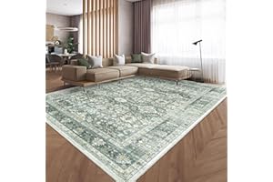 HOMFINE Machine Washable Rug 5'x7' - Vintage Design Area Rugs with Non Slip Rugs for Living Room Bedroom Floral Print Rug Carpet Stain Resistant, Home Decor Office Area Rug, Green