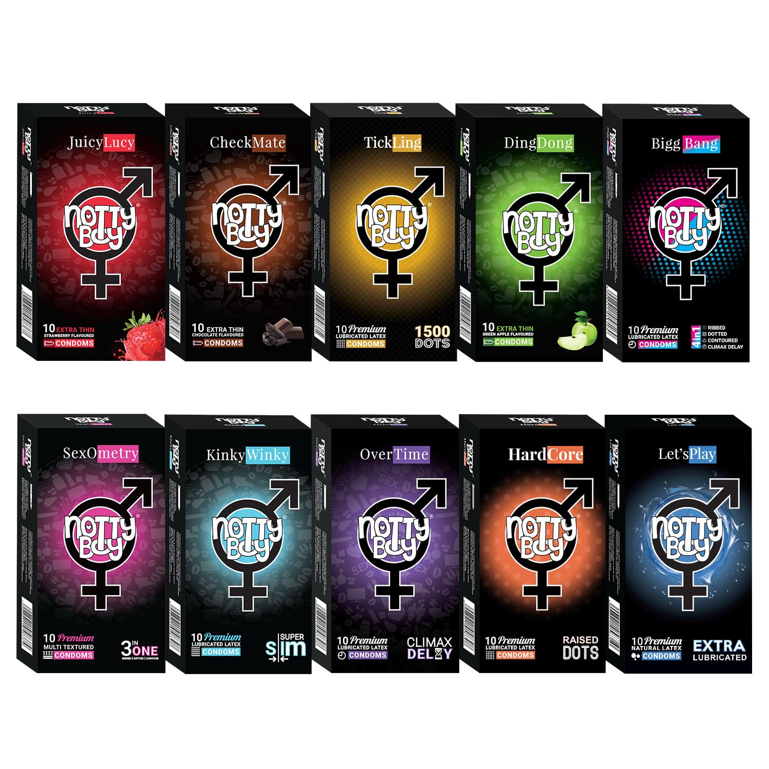 NottyBoy Condoms Bulk for Men with 10 Different Varieties - 100 pcs