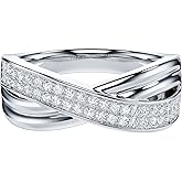 THELANDA Genuine Moissanite or Simulated Diamond Sterling Silver 7.6mm Wide Unisex Crisscross Two Rows Wedding Band Fashion Ring