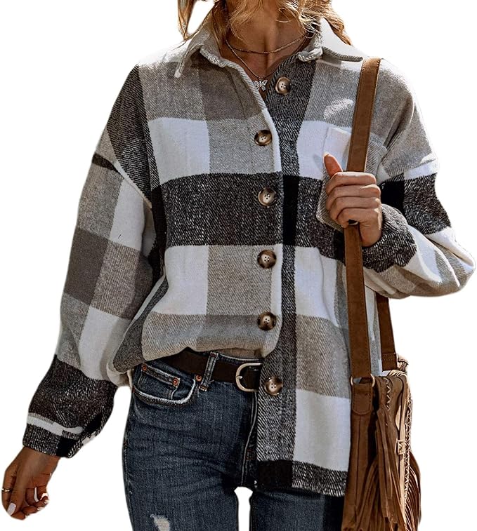 Women Casual Wool Blend Plaid Jacket Button Down Long Sleeve Shacket