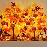 Fall D&eacute;cor 2 Pack 24 Inch Fall Maple Tree with 48 LEDs Battery Operated Fall Lights with 8 PCS Pumpkin Wooden Hanging Ornaments Artificial Tree for Fall Thanksgiving Home Table Decorations