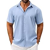 VOZZBY Linen Shirts for Men Casual Short Sleeve Button Down Shirt Beach Summer Vacation Wedding Cotton Tops