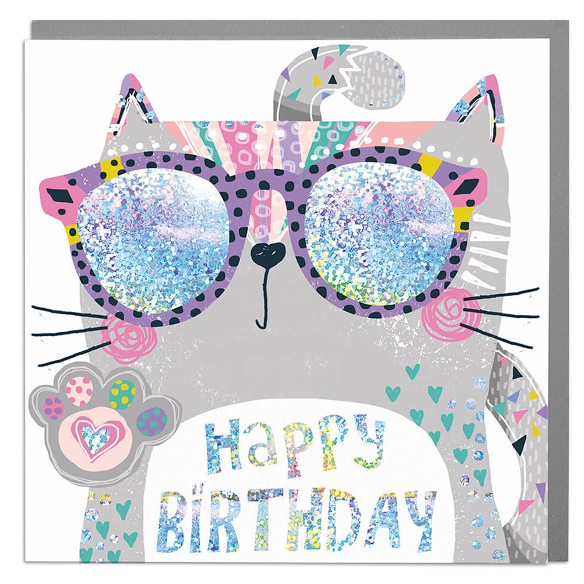 Lola Design - Birthday Cards for Kids - Fun Cat Design, Children's Birthday Card - Blank Card with Grey Envelope - Designed and Printed in the UK - 150mm x 150mm