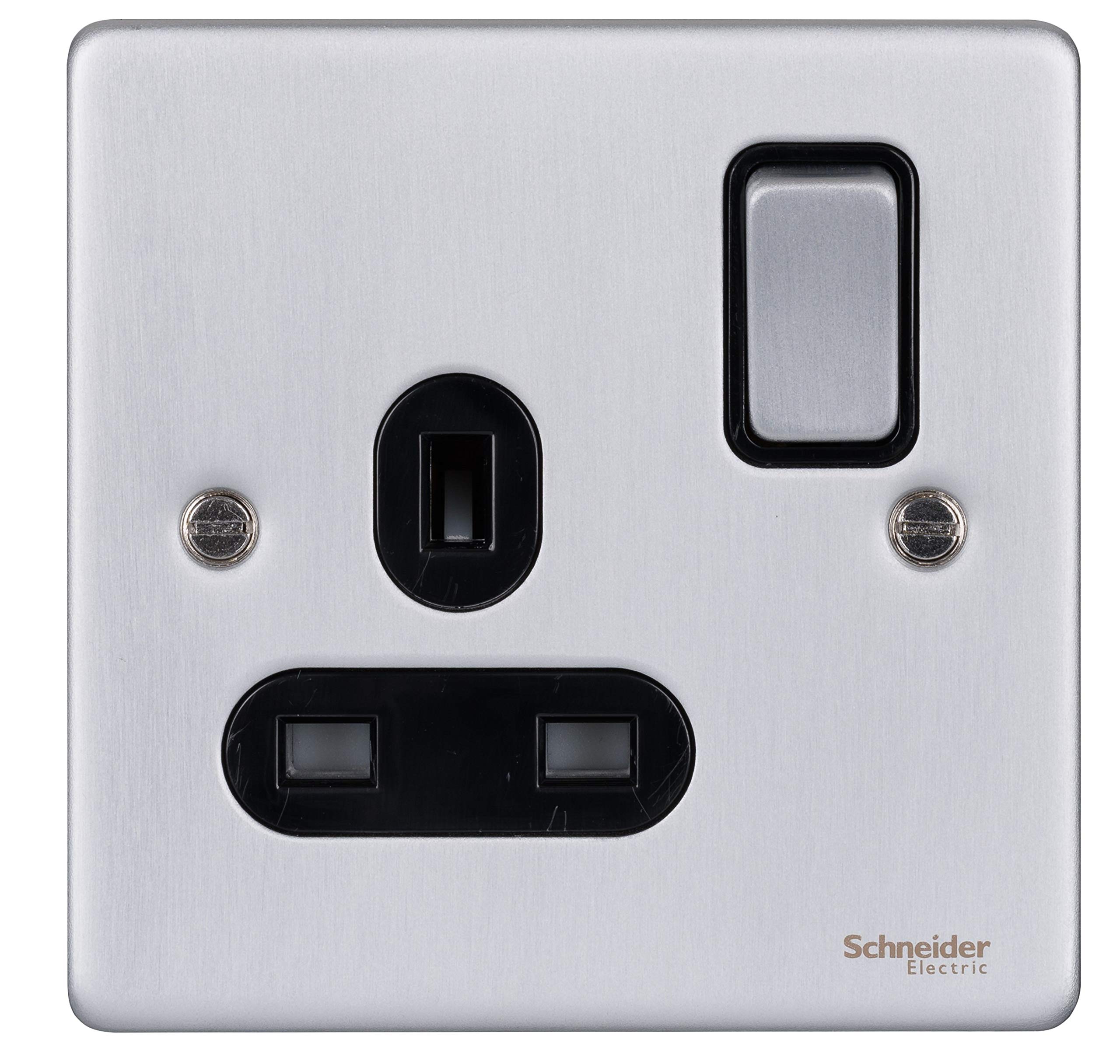 Schneider Electric GU3510BBC Ultimate Low Profile Brushed Chrome Black Insert 1 Gang 13A Switched Socket