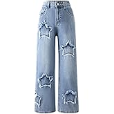 Girl's Baggy Wide Leg Jeans Zipper Fly Elastic High Waist Y2K Trendy Denim Pants
