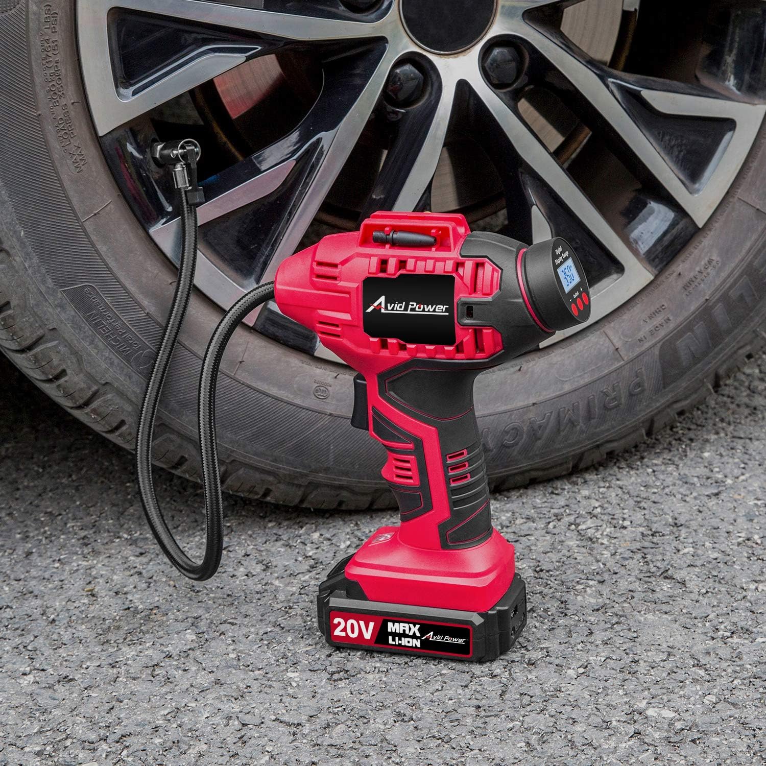Avid Power Tire Inflator Air Compressor, 20V Cordless Car Tire Pump with Rechargeable Li-ion Battery, 12V Car Power Adapter, Digital Pressure Gauge: Automotive