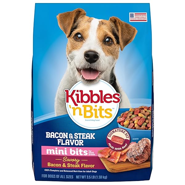 KIBBLES ‘N BITS MINI BITS SMALL BREED DRY DOG FOOD, SAVORY BACON & STEAK FLAVOR FOR ADULT DOGS, 3.5 LB. BAG