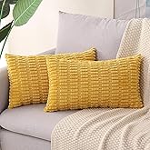 Gujiahone Corduroy Decorative Throw Pillow Covers 12x20 Inch Set of 2 Soft Boho Striped Lumbar Pillow Covers Modern Farmhouse Home Decor for Sofa Couch Living Room Mustard Yellow