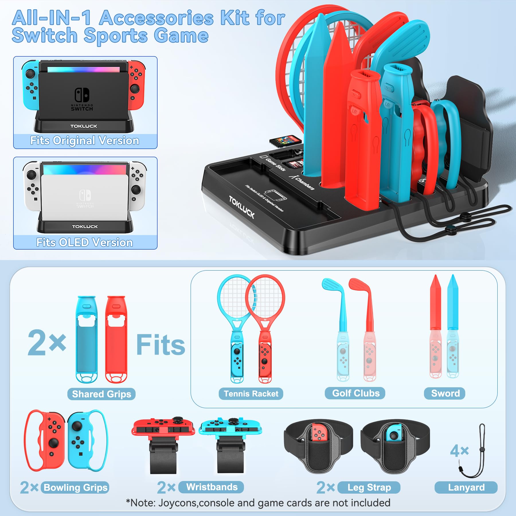 Switch Sports Zubehör Set mit Organizer kompatibel mit Switch/OLED, Aufbewahrung für Switch Sport Spiel Zubehör, Familienparty-Paket Sportspiele Accessories Bundle für Nintendo Switch & OLED 2