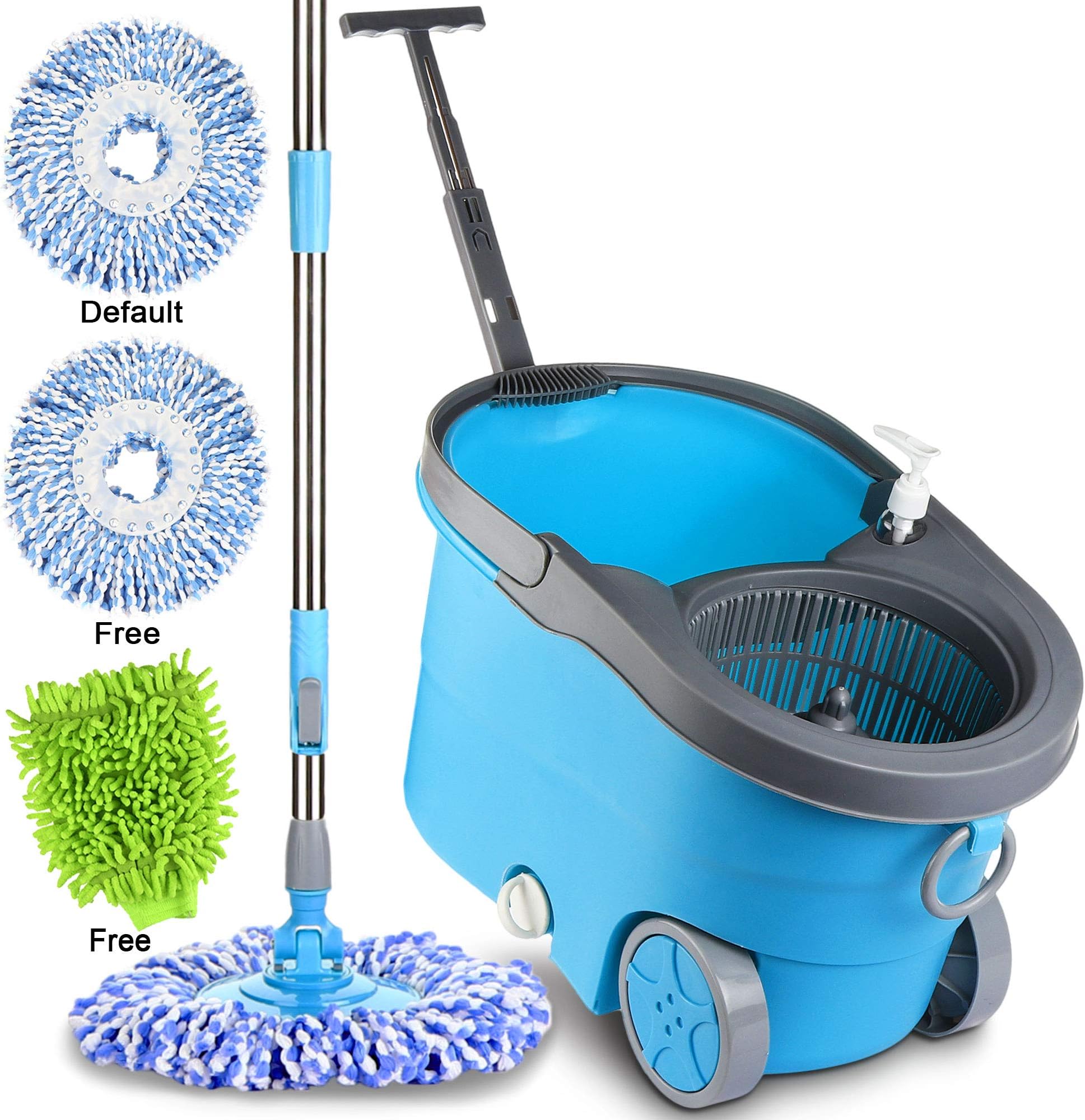 Smile mom Spin Mopper Floor Cleaner with Bucket Set with Big Wheels for Best 360 Degree Easy Magic Cleaning, 2 Refill Head and Microfiber Glove (Blue)