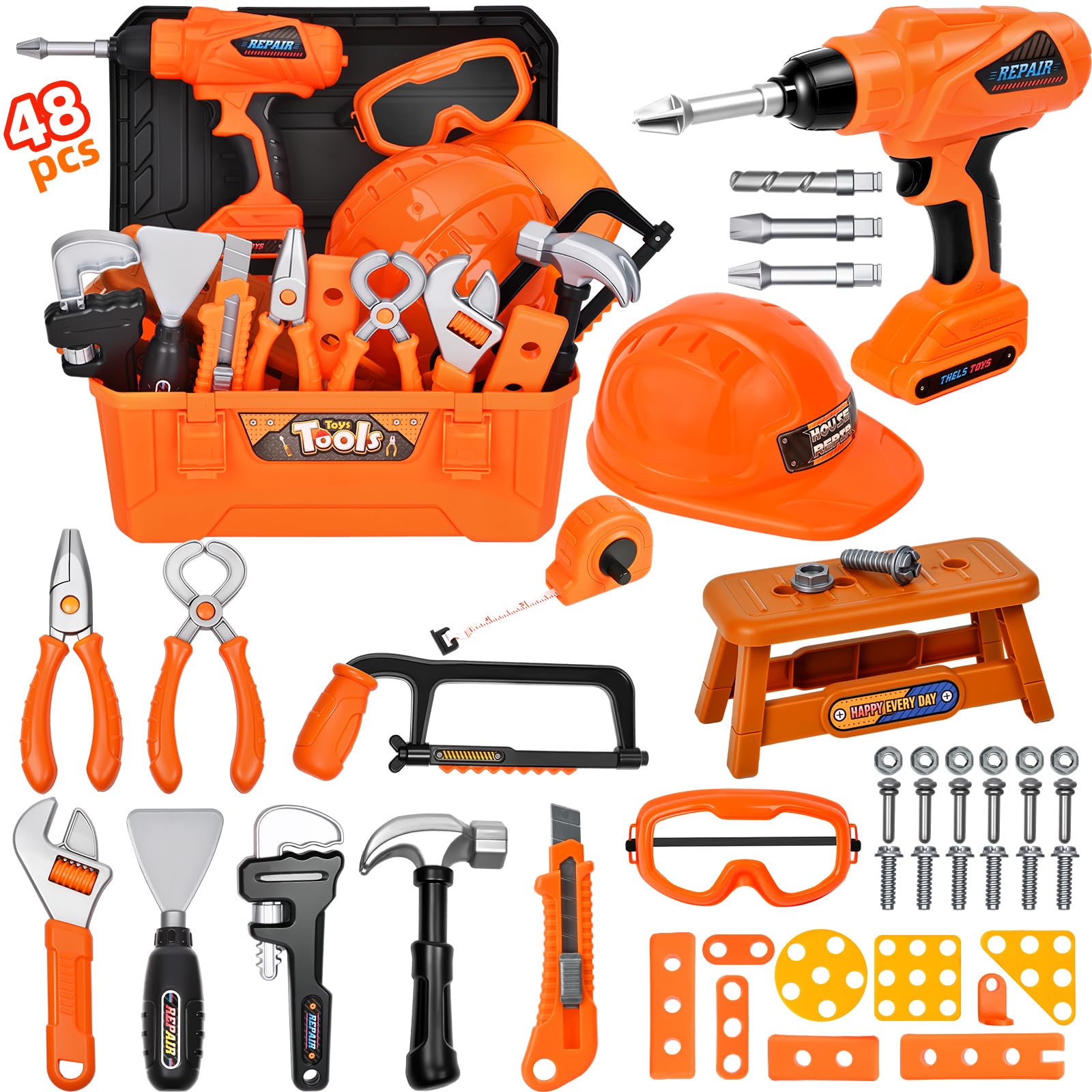 Photo 1 of ?Realistic Kids Drill Tool Set with 48PCS Tools & Sound Effects, Portable Construction Toy for Toddlers Ages 3+ with Safety Gear, STEM Learning Pretend Play for Family Bonding Activities
