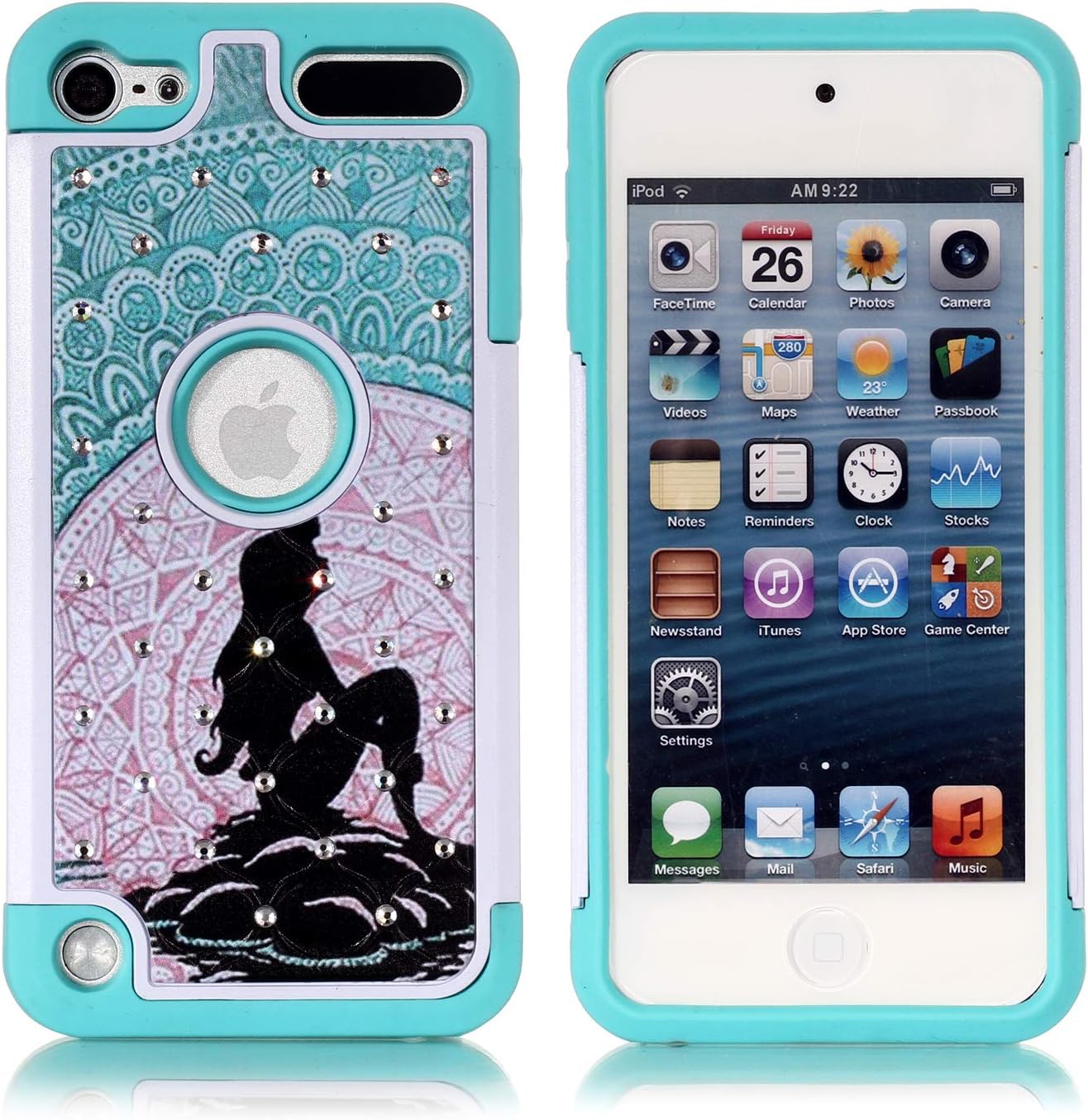 Apple iPod Touch 5,6th Case, iPod 7th Generation Case, Mermaid with Moon Pattern Shockproof Studded Rhinestone Crystal Bling Hybrid Case Silicone Protective Armor for Apple iPod Touch 5 6th, iPod 7