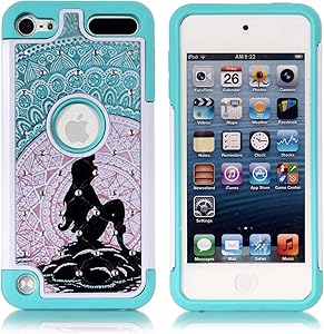 Apple iPod Touch 5,6th Case, iPod 7th Generation Case, Mermaid with Moon Pattern Shockproof Studded Rhinestone Crystal Bling Hybrid Case Silicone Protective Armor for Apple iPod Touch 5 6th, iPod 7