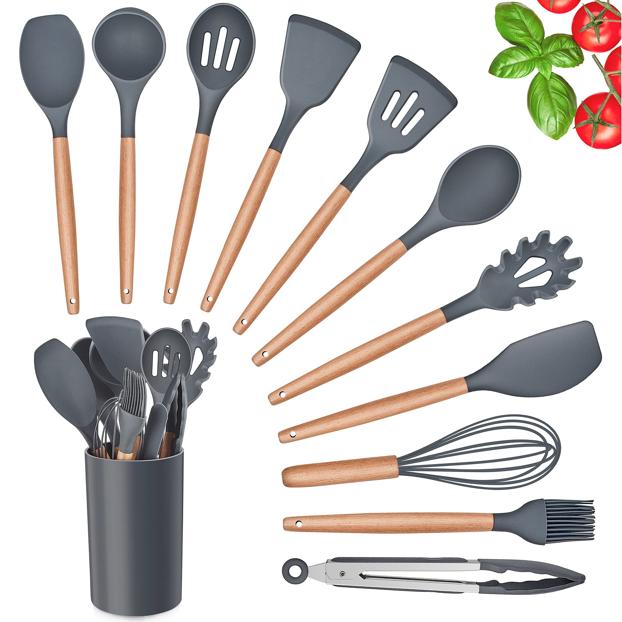 Herogo Kitchen Utensils Set, 12 Piece Silicone Utensil with Holder, Heat Resistant Cooking Utensils with Wooden Handle for Non Stick Cookware Pans, Silicone Kitchen Gadgets Tool Set (Grey)