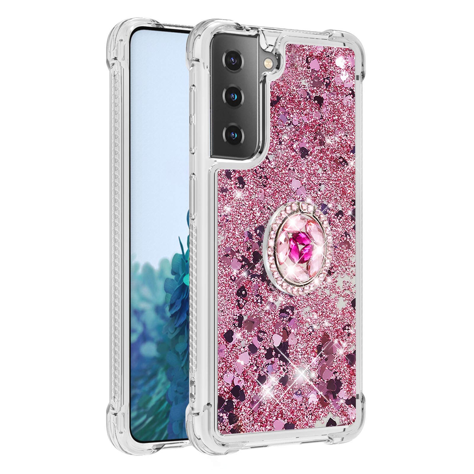 Samsung S21 Plus Case with Ring Stand, Glitter Bling Sparkle Quicksand Flowing Liquid Clear Gel Silicone ShockProof Protective Phone Case for Samsung Galaxy S21 Plus 5G Cover Girls, Rose Gold