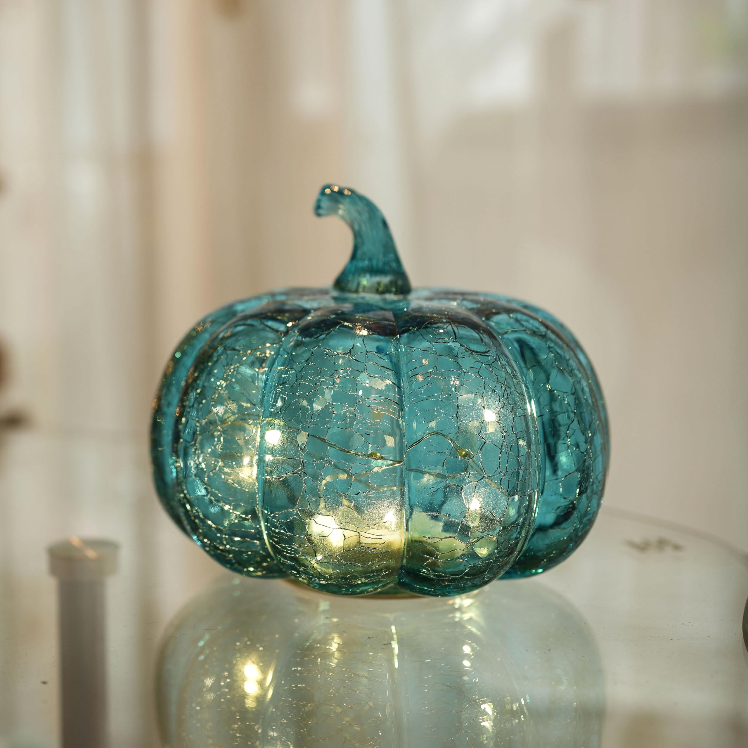 hvfun Aqua Blue Crackle Glass Pumpkin Light with Timer- Fall decoration for home-Lamps for festive decoration