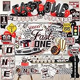 LXlucktim Fast One Birthday Decorations, 125 Pcs Race Car First 1st Birthday Party Supplies for Boys Baby - Banner, Cake Toppers, Balloons, Tablecloth, Centerpieces, Crown, Poster, Baby Boxes