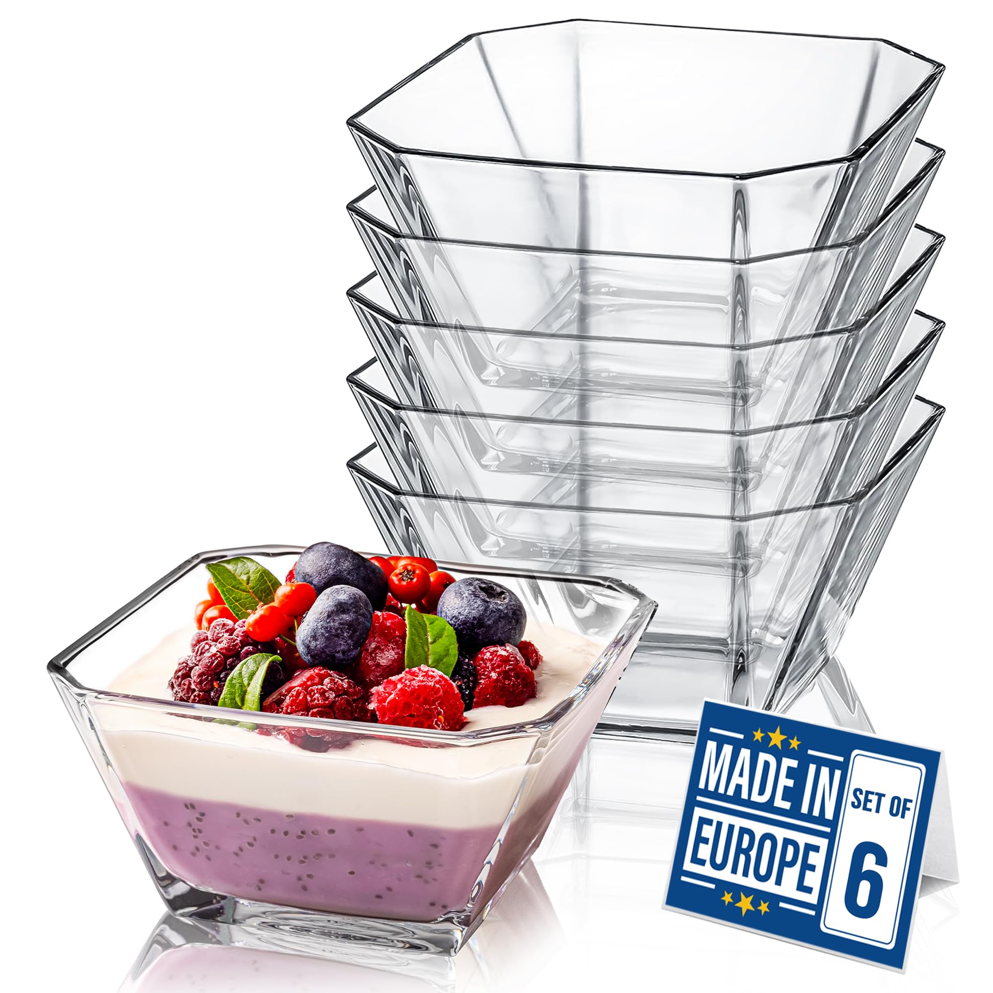 Crystalia Premium Design Stackable Glass Dessert Bowls, Set of 6, 300ml, 100% Sundae Ice Cream Bowls, Glass Serving Bowls for Dips, Candy, Fruit, Nut and Side Dishes, Dessert Bowl
