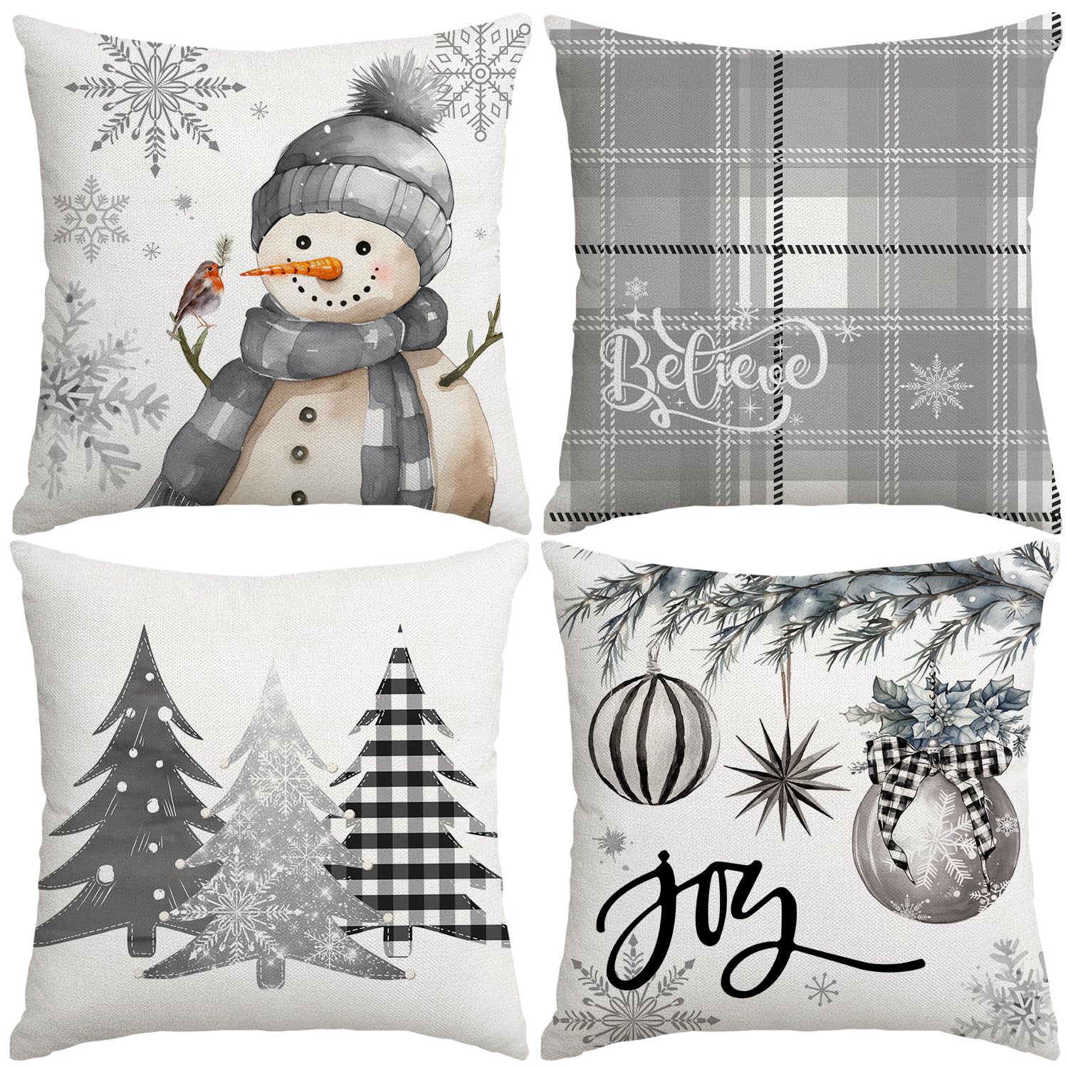 Miaikoe Christmas Cushion Covers 45x45 cm Set of 4, Decorative Farmhouse Snowman Joy Believe Christmas Tree Grey Pillow Covers for Winter Holiday Home Decor Decoration