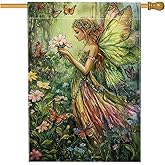 Garden Flag with Fairy and Butterflies, Colorful Outdoor Decor for Spring and Summer, Double-Sided Floral Design for Lawn and Garden Decoration 28x40 Inch