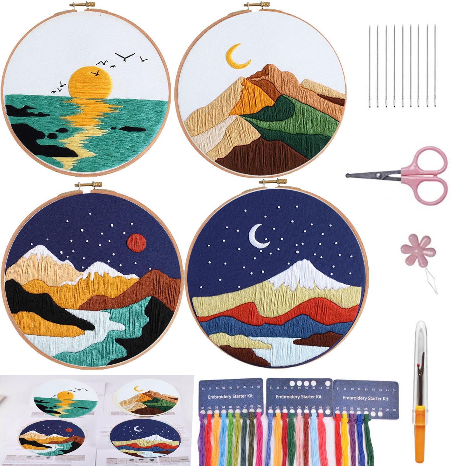 Embroidery Kit for Beginners, 4 Sets Landscape Embroidery Starter Kits with Patterns and Instructions Cross Stitch Kits,Embroidery Clothes with Pattern,Bamboo Hoops, Threads and Needles