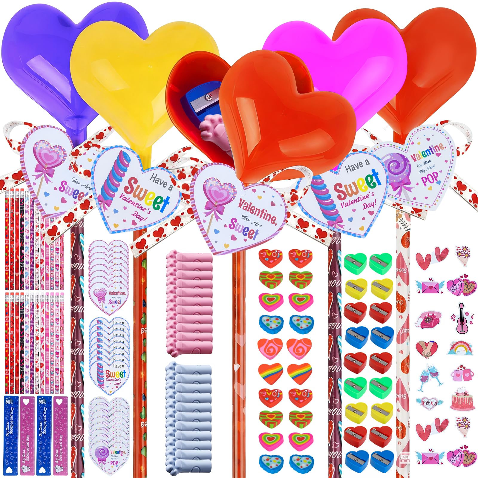Valentines Day Gifts for Kids - 24-Piece Heart-Shaped Lollipop Stationery Set with Pencils, Pencil Sharpeners, Erasers, Rulers, Pen Caps, Cards, Stickersfor Boys Girls Class Classroom Party Favors