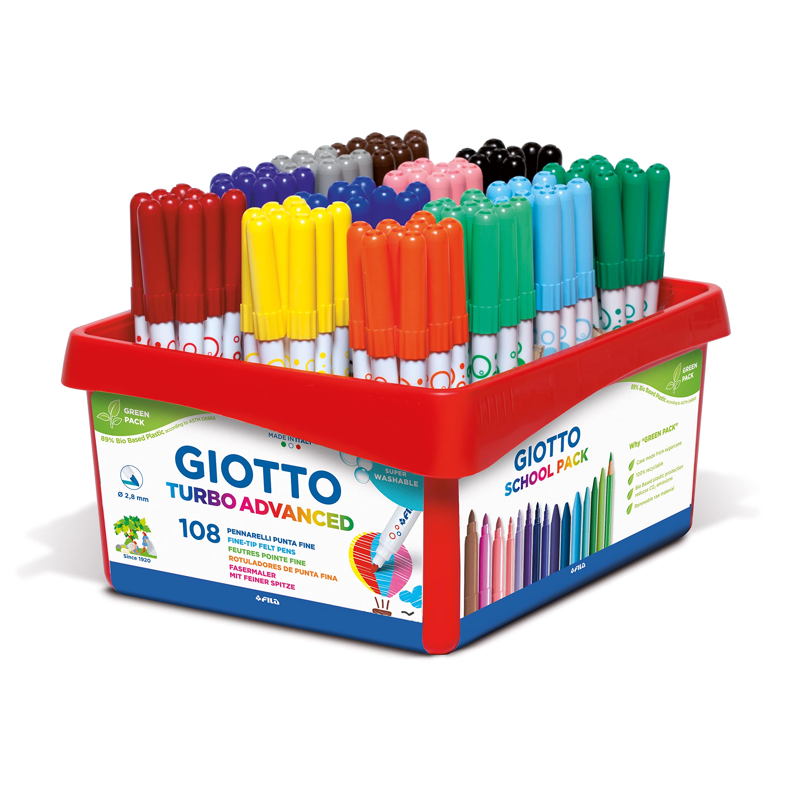GIOTTO Turbo Advanced Super Washable Felt Tip Fibre Pens, Fine Tip Nib 2.8mm, Schoolpack, 108 Pieces, 9 x 12 Assorted Colours, For Children, Parties and Schools — image 1