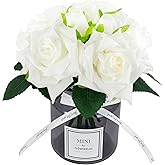 XIAYAN Artificial Flower and Glass vase, Silk Rose Flower Glass Bottle Set, Suitable for Living Room, Dining Table, Office, Wedding, Hotel Banquet and Family Decoration. (White)………