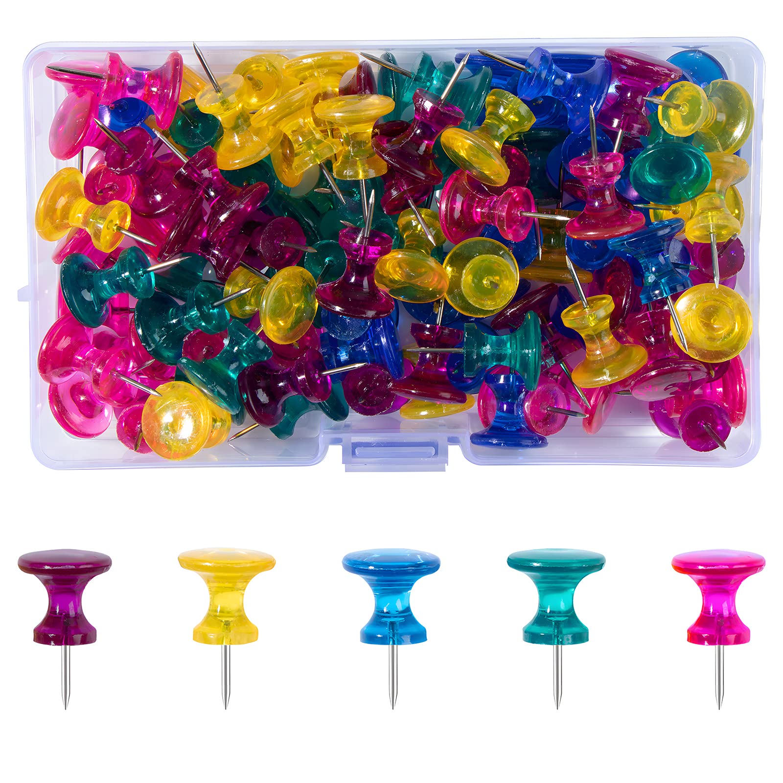 VAPKER Gaint Push Pins 100Pcs Large Multicolor Clear Push Pin Standard Thumb Tacks Plastic Head Pins with Steel Point Tacks Marking Pins for Bulletin Board Cork Board