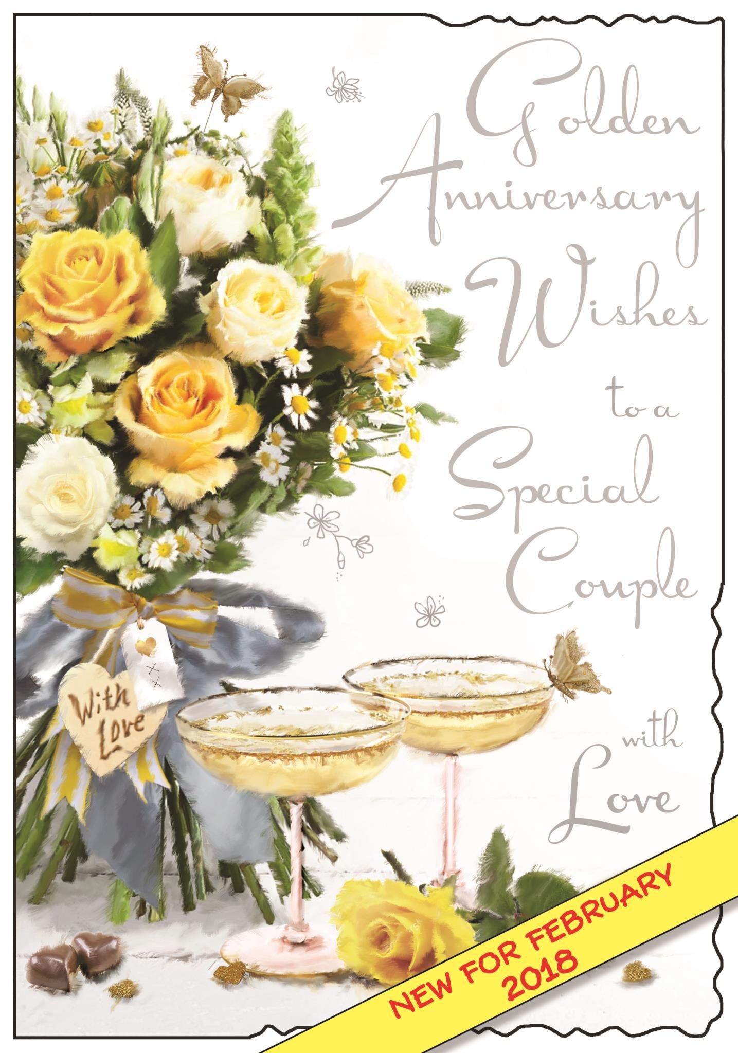 Illustrated Golden Anniversary Card - (JJ9356) - Special Couple Golden Anniversary - From The Velvet Range - Embossed With A Silver Foil & Flitter Finish