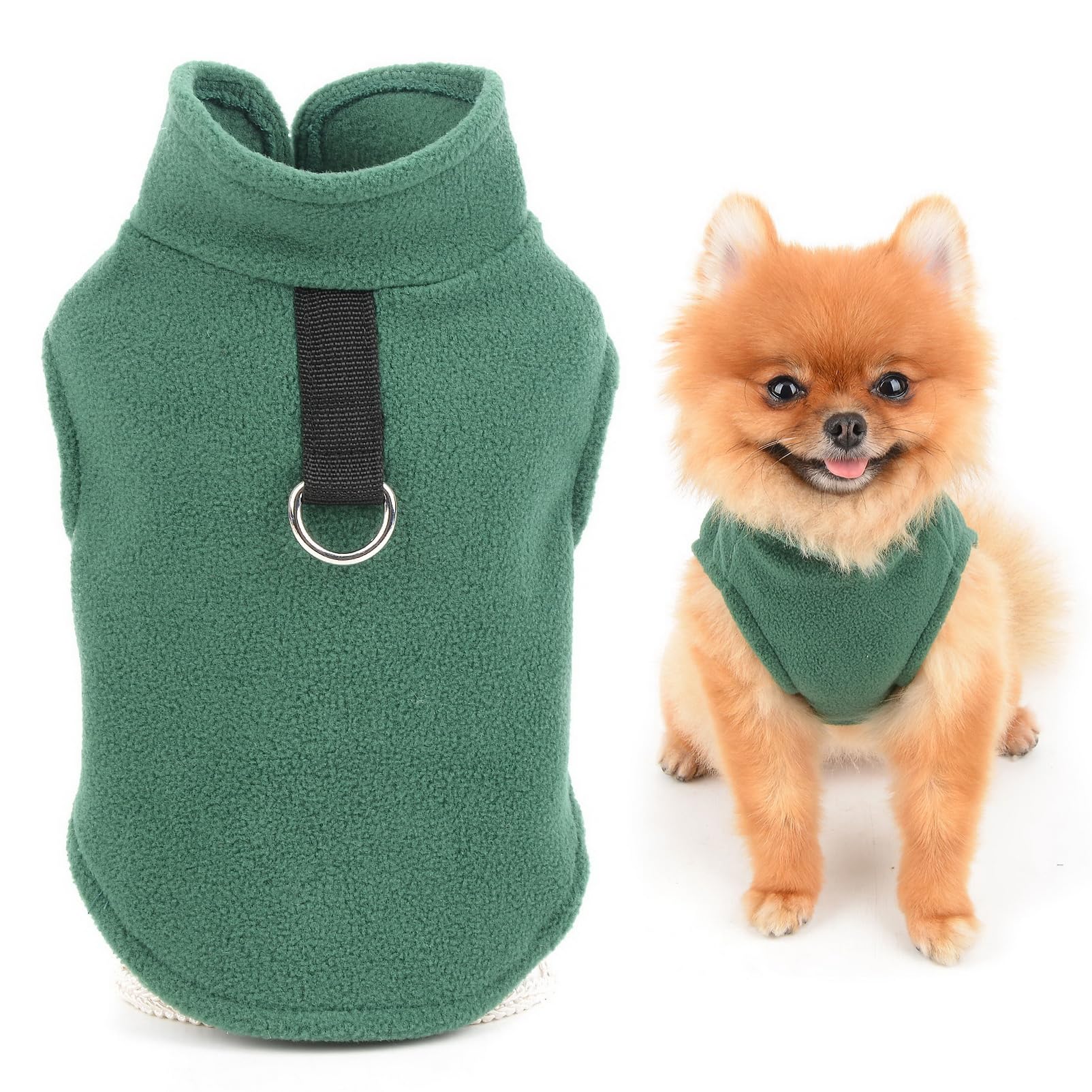 SMALLLEE_LUCKY_STORE Solid Color Puppy Fleece Vest Jumper Pullover Sweater with Leash Ring for Small Dog Cat Yorkie Chihuahua Kitten Warm Fall Winter Clothes,Green,XXL