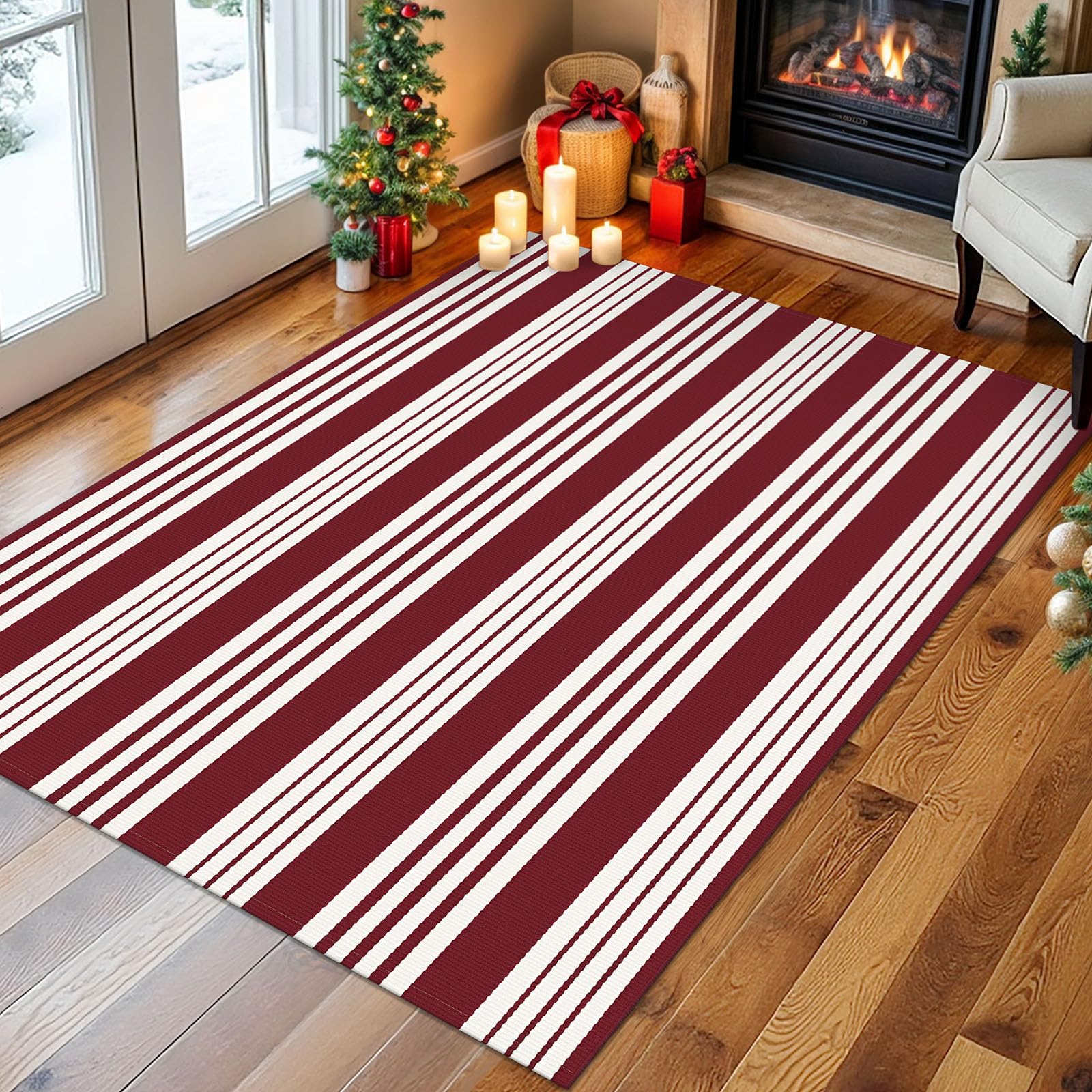 KILOCOCO Striped Rug 4'x6' Christmas Red Rug for Front Door Indoor Outdoor Hand Woven Cotton Washable Striped Layered Doormats for Front Porch Kitchen Farmhouse Entryway Patio Image